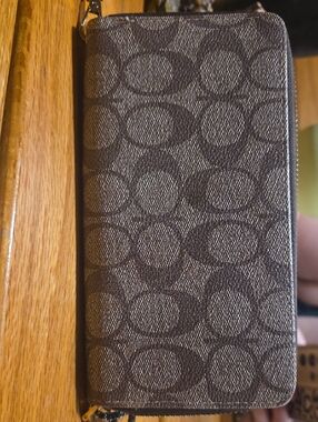 Zip-Around Wallet with All-Over Circle Print in Brown